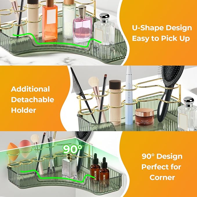 Toothbrush Holder Makeup Organizer for Vanity, 1-Tier Corner Bathroom Organizer Countertop with Makeup Brush Holder, Corner Counter Storage for Bathroom Dresser- Green
