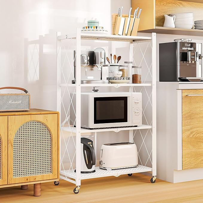 Foldable Metal Storage Shelf with Wheels 4 Tier Heavy Duty Utility Rack 750lbs Capacity Easy Assembly Portable Black Shelving Unit for Kitchen Garage Living Room Office(White-A, 4-Tier)