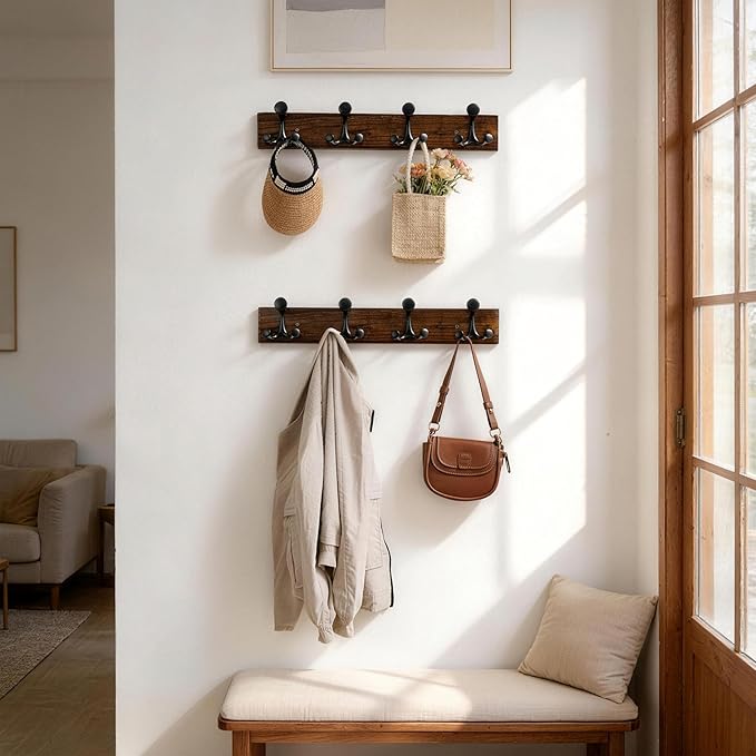 SKOLOO 24-Inch Wood Burnt Coat Rack Wall Mount with 4 Triple Hooks - Ideal for Family Entrances, Classrooms, and Pet Supplies Storage - Perfect Coat Hooks for Wall