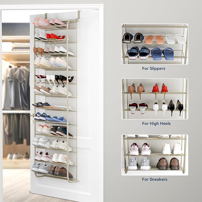 Whitmor 36 Pair Over The Door Shoe Organizer, 12 Tier Hanging Shoe Organizer, Heavy Duty Metal & Mesh Shoe Holder, Hanging Shoe Rack for Closet Organizer & Storage, 74" L x 21.7" W x 7.5" H, Oat