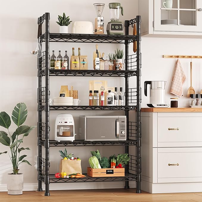 FUTASSI Large Metal Storage Rack, Storage Organizer Shelves for Kitchen, Bathroom, Living Room, Balcony and Garage, 5 Tiers Narrow Bookshelf, 29.5" W x 9.4" D x 59.2" H, Load 480lbs, Black