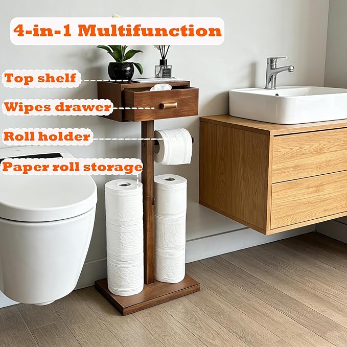 Freestanding Bathroom Toilet Paper Holder Stand with Shelf, Bamboo Toilet Paper Roll Holder with Wet Wipes Storage Drawer(Brown)