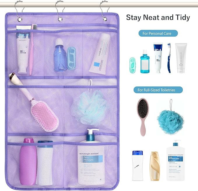 F-color Cruise Essentials 2026 - Mesh Shower Organizer Hanging with 7 Pockets for RV Gym Camping, Quick-Dry Portable Toiletry Bag with Metal Hooks for Bathroom Travel Toiletries, Purple+Purple