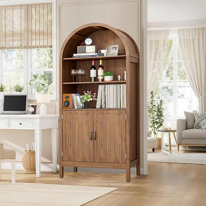 Lxsxlome 70.9" Tall Storage Cabinet with Fluted Doors, Arched Freestanding Cabinet with 5 Shelves, Wooden Bookcase Storage Cabinet Suitable for Living Room, Dining Room, Bathroom