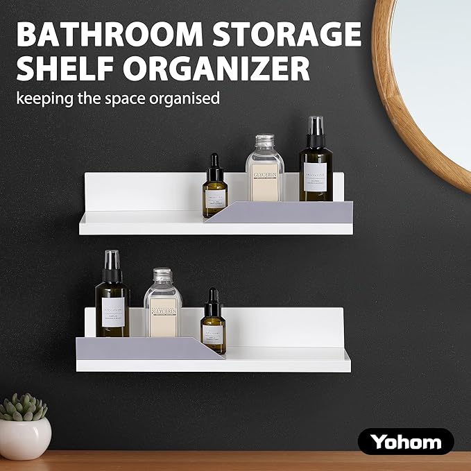 YOHOM White Floating Adhesive Bathroom Wall Storage Shelf No Drilling Display Ledge Organizer for Shower Caddy Kitchen Holder 14.96inch