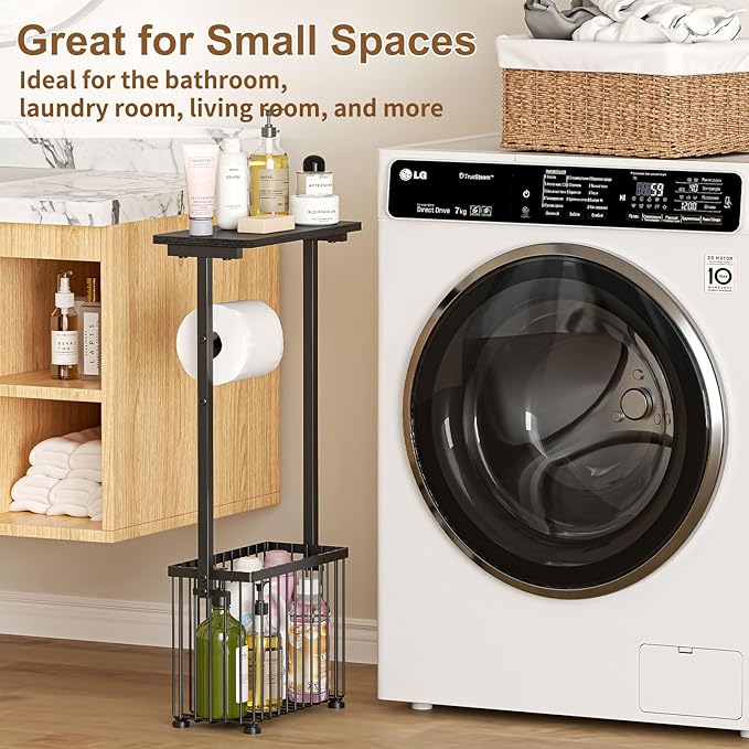 Free Standing Toilet Paper Holder Toilet Storage Stand Bathroom Holder with Storage Paper Towel Holder with Shelf,Simple Black,Can Hold 4-6 Rolls.Place Mobile Phones