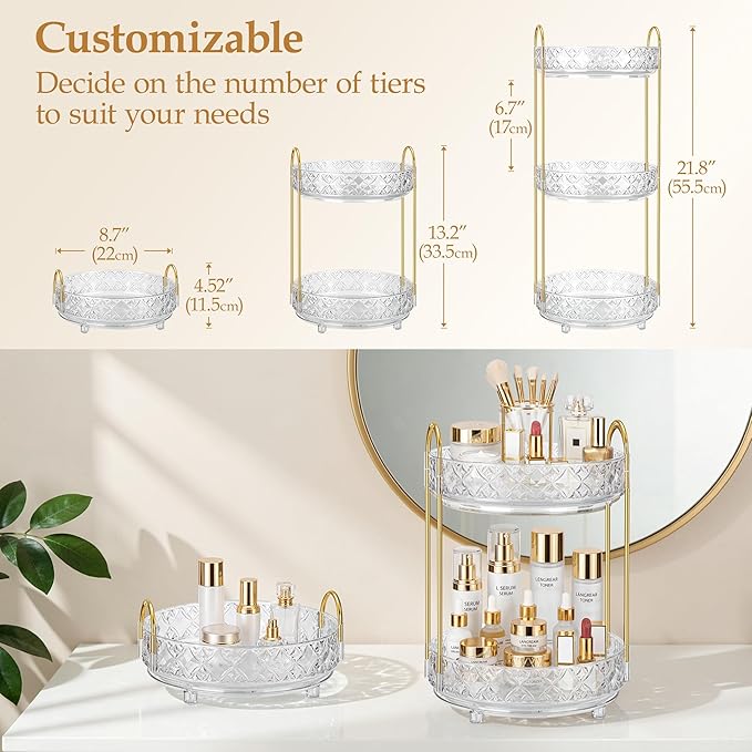 360 Rotating Makeup Organizer for Vanity, 2 Tier Adjustable Perfume Organizer for Dresser, Multi-Function Spinning Cosmetics Skincare Storage for Bedroom, Dresser, Countertop, Clear