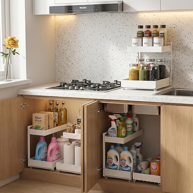 Under Sink Organizer, Kitchen & Bathroom Storage Solution with L-Shaped Design Fits Around Pipes, 2-Tier Slide-Out Metal Drawer, Adjustable Height for Cabinet Laundry Organization (Cream White)