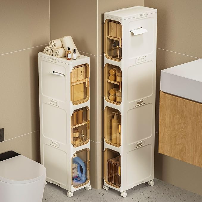 Slim Bathroom Storage Cabinet, Foldable & Movable Narrow Storage Organizer for Small Spaces, Bathroom, Kitchen, Laundry Room, Living Room (4-Tier)