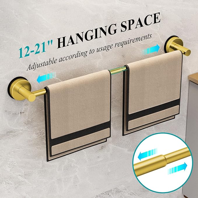 Towel Bar for Bathroom Wall,Adjustable 12~21 Inch Towel Racks for Bathroom Wall Mounted, Towel Holder for Glass Shower Door,Apparment Essentials,Home Decor-Gold(2pcs)