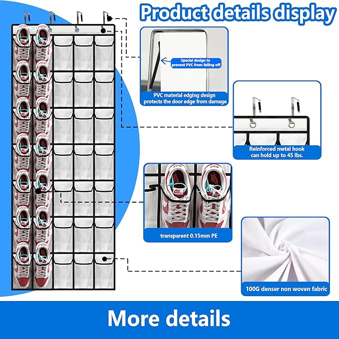 Over the Door Shoe Organizer, 2025 Upgrade 35 Large Pockets for Shoe Storage, Hanging Shoe Holder with Metal Hook, Clear Shoe Rack for Closet Bathroom Door Space Saving - White