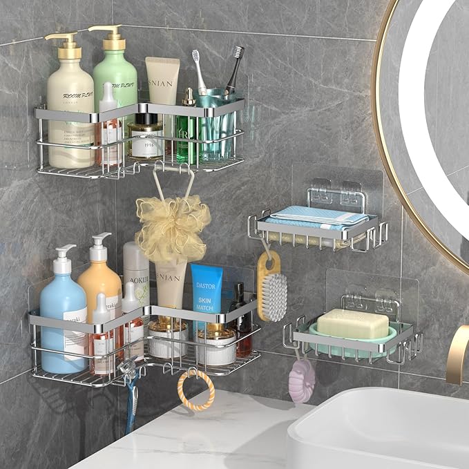 Corner Shower Caddy, 4-Pack Adhesive Shower Shelves with Soap Holder No Drilling, Rustproof Bathroom Shower Organizer Storage, Silver