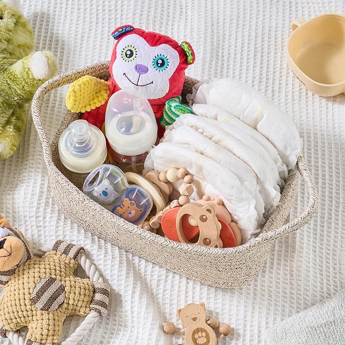 Small Woven Gift Basket Empty with Bag & Ribbon - Gifts for Mom, Baby Shower, Birthdays & Raffle - Cotton Rope Storage Basket for Dog Toys or Shelf - 12"x8"x5", Mixed Brown