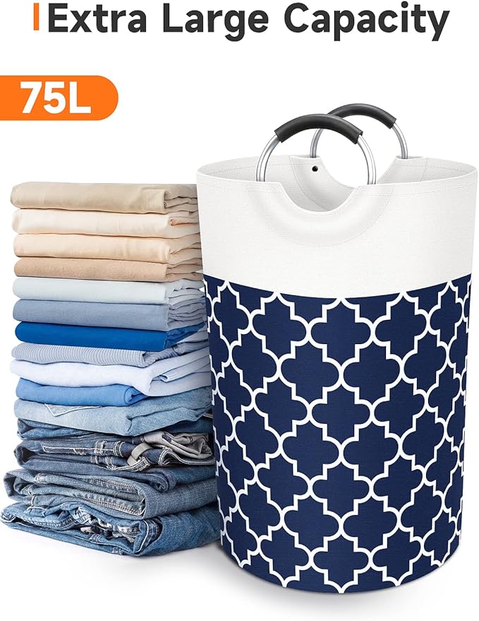 Fabspace Large Laundry Basket Laundry Hamper Bag Washing Bin Clothes Bag Collapsible Tall with Handles Waterproof Travel Bathroom College Essentials Storage for College Dorm, Family (Blue) 75L