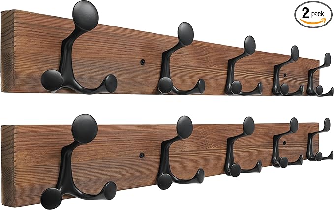 SKOLOO 30-Inch Wood Coat Rack Wall Mount with 5 Triple Hooks - Ideal for Family Entrances, Classrooms, and Pet Supplies Storage - Perfect Coat Hooks for Wall,Charred Golden Brown, Pack of 2