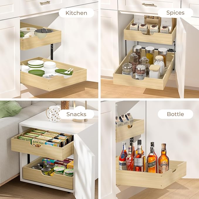 COOLBEBE 2 Tier Pull Out Drawers for Cabinets，17"W x 21"D Double Tier Slide Out Wood Drawer Shelf Organizer, Soft Close Cabinet Pull Out Shelves in Kitchen, Pantry, Bathroom