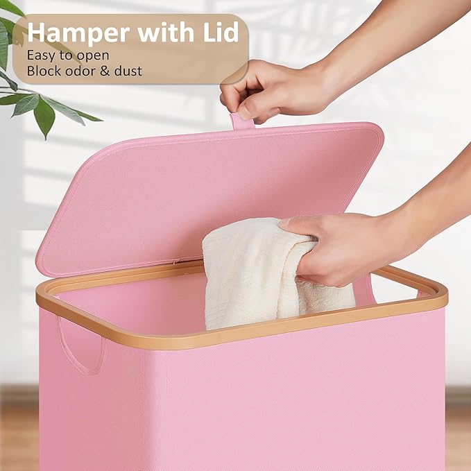 Vincona Slim Laundry Basket with Lid, Narrow Dirty Clothes Hampers for Laundry with Handle, Skinny Laundry Bin for Laundry Room, Dorm, Bedroom and Bathroom, 19.8 Gallon (75L) Pink