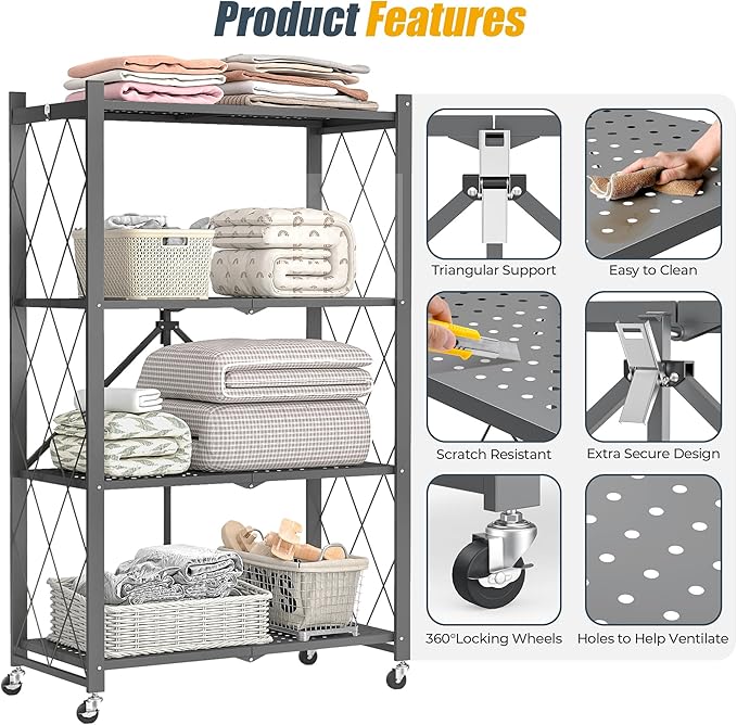 4-Tier Folding Metal Storage Rack - 50" Heavy-Duty Steel Frame with Wheels, No Assembly Utility Organizer, Rolling Shelving Unit for Kitchen, Garage, Pantry, Bedroom (Gray, 4 Tier)