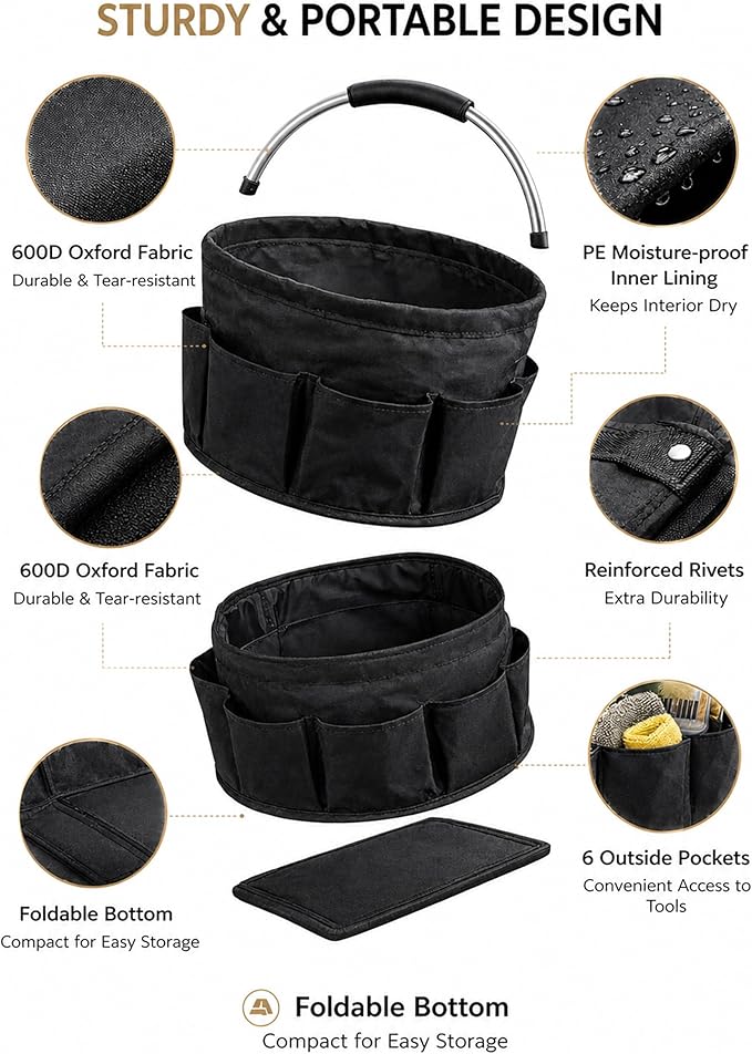 Cleaning Caddy Organizer with Handle, 17L Large Capacity Foldable Storage Bucket, Heavy-Duty 600D Oxford Fabric with 6 Pockets for Car Cleaning, Gardening Tools, Camping (Black)