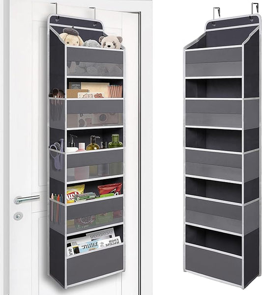 TYMENSH Over Door Organizer with 5 Large Pockets, Heavy Duty Hanging Organizer Storage, Closet Bathroom Nursery Bedroom Dorm, Toys Cosmetics Sundries and Baby Essentials, Gray