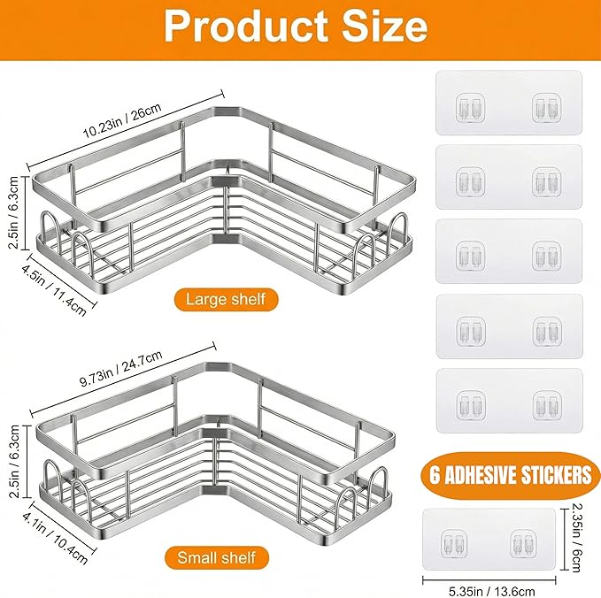 2 Pack Corner Shower Caddy, Adhesive Shower Organizer No Drilling Bathroom Shelves, Carbon Steel Storage Rack with 8 Hooks, Silver