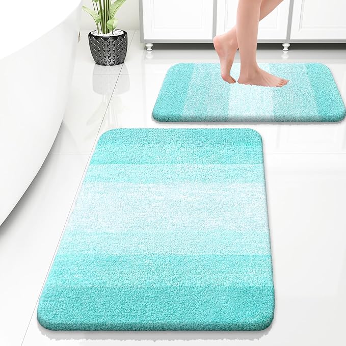OLANLY Bathroom Rug Set 2 Piece, Soft Absorbent Microfiber Bath Rug Set, Non-Slip, Machine Wash Dry, Plush Shaggy Bath Mats for Bathroom (30"x20"+24"x16", Teal)