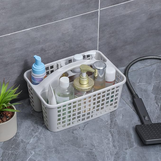 Portable Shower Caddy Basket with Compartments Cleaning Supplies Organizer with Handle Plastic Storage Divided Tool Bin for Bathroom, Bedroom, Kitchen, College Dorm, Garden, Under Sink, Light Grey