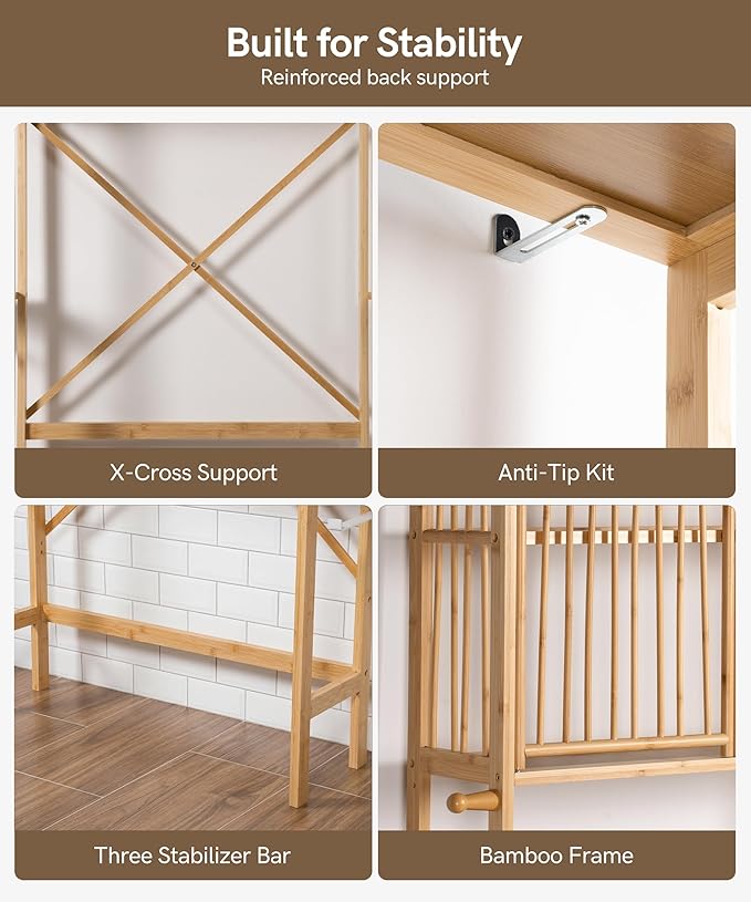 Afuly Bamboo Over the Toilet Storage Cabinet with Doors Bathroom Shelves Over Toilet Organizers and Storage, Above Toilet Shelf with Paper Holder, Phone Stand and Hooks, Space Saver (Natural)