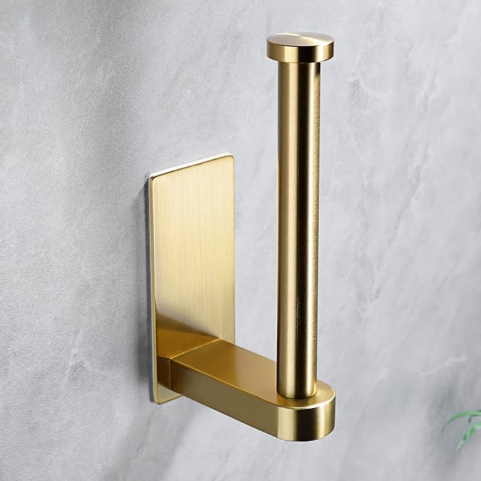YIGII Adhesive Toilet Paper Holder - Self Adhesive Toilet Paper Roll Holder Wall Mount for Bathroom, Premium Thicken Brushed Brass Stainless Steel, Rustproof