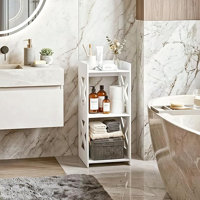 Small Bathroom Storage Corner Shelf, Waterproof PVC Narrow Floor Stand, Slim Gap Filler Organizer for Toilet Side, Laundry Room, Shower, Kitchen Spice Rack, White Restroom Holder (3-Tier)