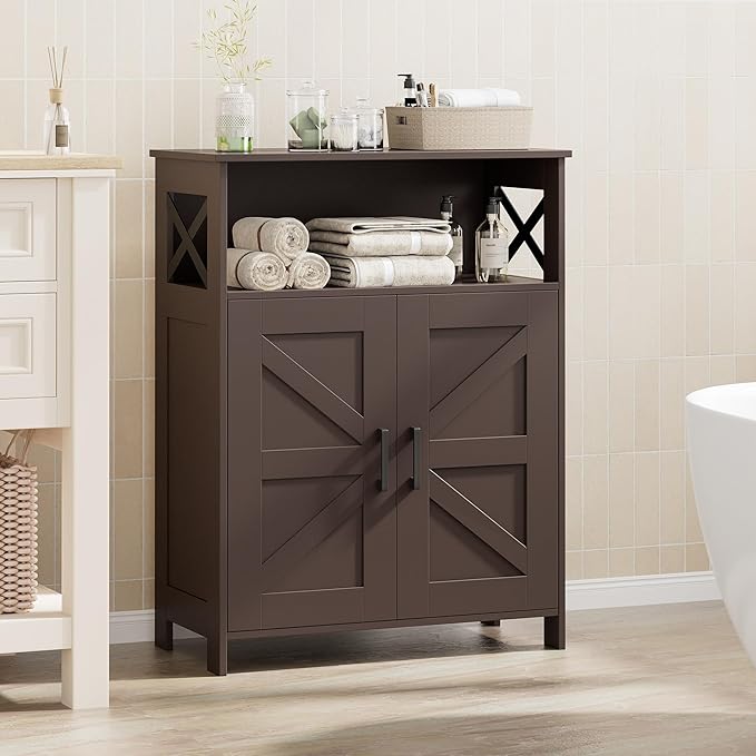 Homhedy Farmhouse Bathroom Storage Cabinet with 2 Doors, Toilet Paper Cabinet with Adjustable Shelves, Small Bathroom Cabinet for Kitchen/Laundry/Living Room, 11.8 x 23.6 x 31.5 Inches, Brown