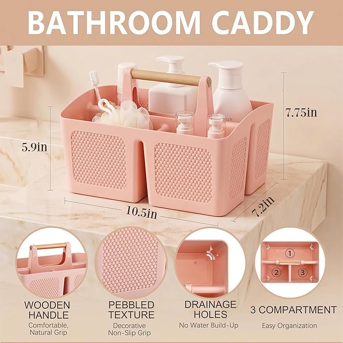 Haundry Portable Shower Caddy Basket with Handle, 3-Compartment Plastic Bathroom Organizer, Dorm Shower Basket for College Students, Quick Drain Storage Tote for Toiletries, Camping, Gym, RV