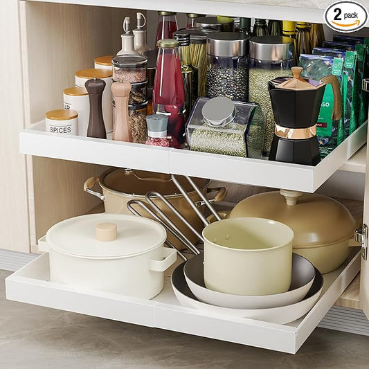 2 Pack Pull Out Cabinet Organizer, 21" Deep Expandable (12.1"-20.4") Slide Out Drawer, 3 Slide Rails Sliding Drawers for Cabinets, Roll out Shelves For Kitchen, Bathroom, Pantry Storage, White