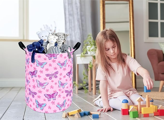 Round Butterfly Pattern Laundry Hamper Storage Basket Fabric Material Storage Hamper Organization Basket, Storage Bin, Gift Box with Handles for Room