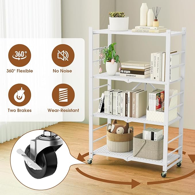 4-Tier Folding Metal Storage Shelf with Wheels & Hooks, Heavy Duty No-Assembly Collapsible Utility Rack for Kitchen, Garage, Office, Living Room – 600 lbs Capacity(White, 4-Tier)
