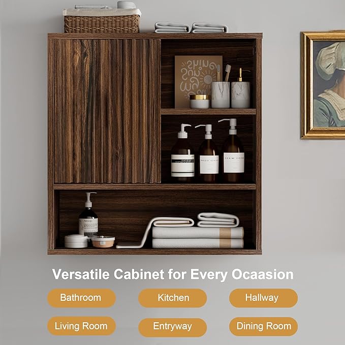 FerniTry Farmhouse Bathroom Wall Cabinet Fluted,Medicine Cabinet Over The Toilet Storage Cabinet with Adjustable Shelf, Wood Wall Mounted Storage Cabinet Organizer 23.2Wx24Hx7.6D (Dark Walnut, Medium)