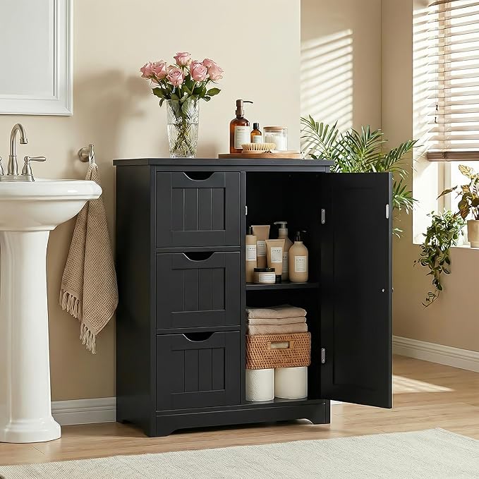 SUPER DEAL Bathroom Storage Cabinet with 3 Drawers and 1 Door, Entryway Home Decor Furniture Towels Storage Organizer Unit, Black
