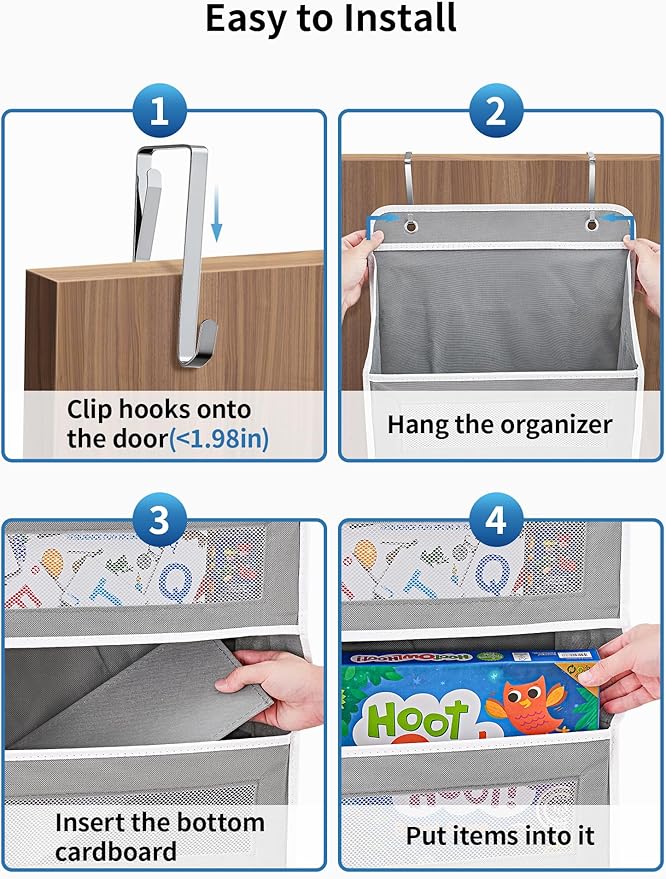 JARLINK Over The Door Organizer Storage, 5 Shelf Hanging Door Organizer with 5 Large Capacity Pockets, Anti Tilt 44 lb Load Behind Door Storage for Bedroom, Bathroom, Pantry, Nursery, (Grey)
