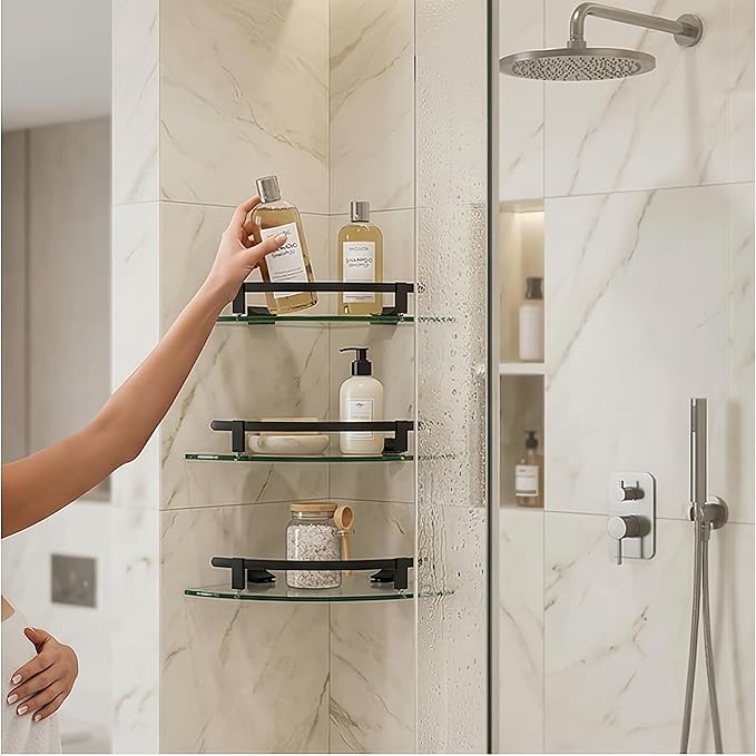 Glass Corner Shelf for Bathroom Corner Shelf, 3 Pack Tempered Glass Shelf with Black Metal Rails，Suitable for Bathroom