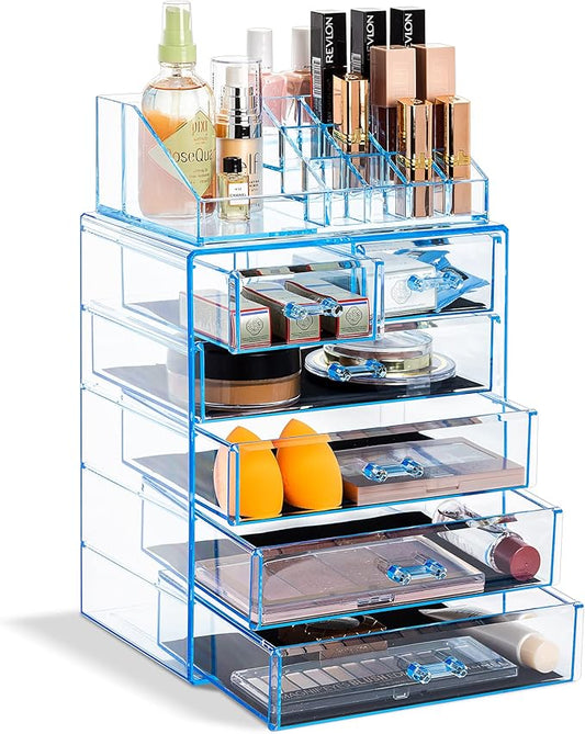 Sorbus Acrylic Makeup Organizer Set, 6-Drawer Vanity & Countertop Cosmetic Storage with Small & Wide Compartments, Blue Brilliance Makeup Storage for Brushes, Jewelry – Holiday Gift for Women & Teens