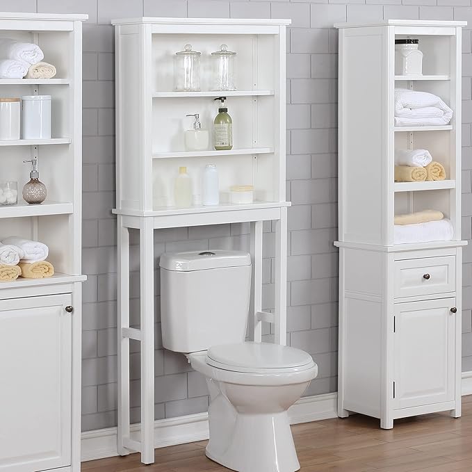Alaterre Furniture Dorset Over-the-Toilet Storage Cabinet Set – Space-Saving Open Wall Cabinet with Adjustable Shelves, Zinc Metal Hinges, and Nylon Floor Levelers (White)