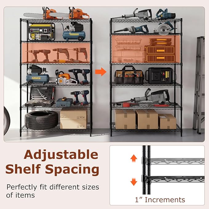 GOFLAME 6-Tier Metal Storage Shelving Unit, Heavy-Duty Adjustable Utility Shelf with V-Shaped Wire Rack, 450 LBS Storage Organizer for Home, Kitchen, Garage, Basement, 48”L x 18”W x 78.5”H
