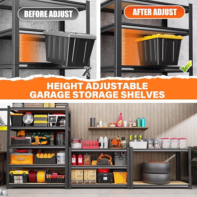 71''H 35.4''W Storage Shelves,2500LBS Garage Shelving ,Adjustable Garage Shelves ,Heavy Duty Metal Shelving, 5 Tier Wood Utility Steel Shelf, Shelving Units and Storage Rack fo Kitchen Pantry 3 Pack
