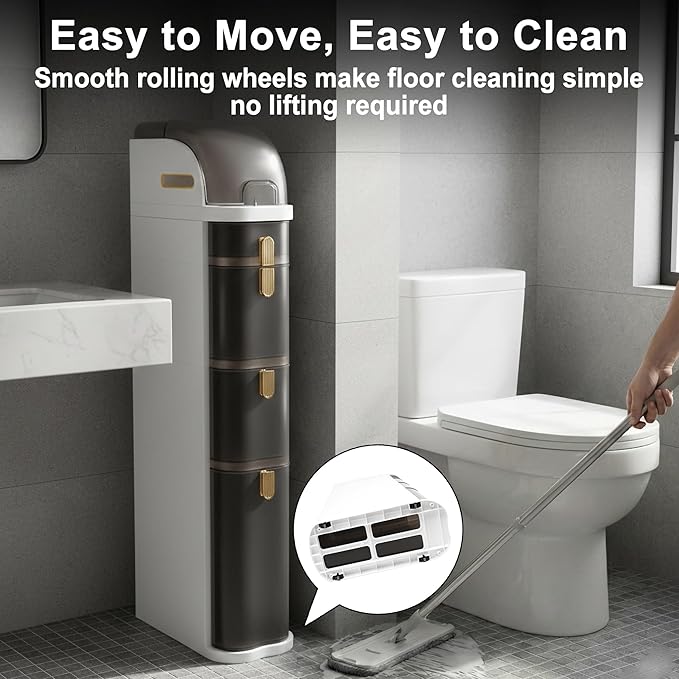 Slim Bathroom Storage Cabinet with Drawers, Narrow Floor Cabinet for Small Spaces, Vertical Bathroom Organizer Next to Toilet, Freestanding Bathroom Storage with Wheels