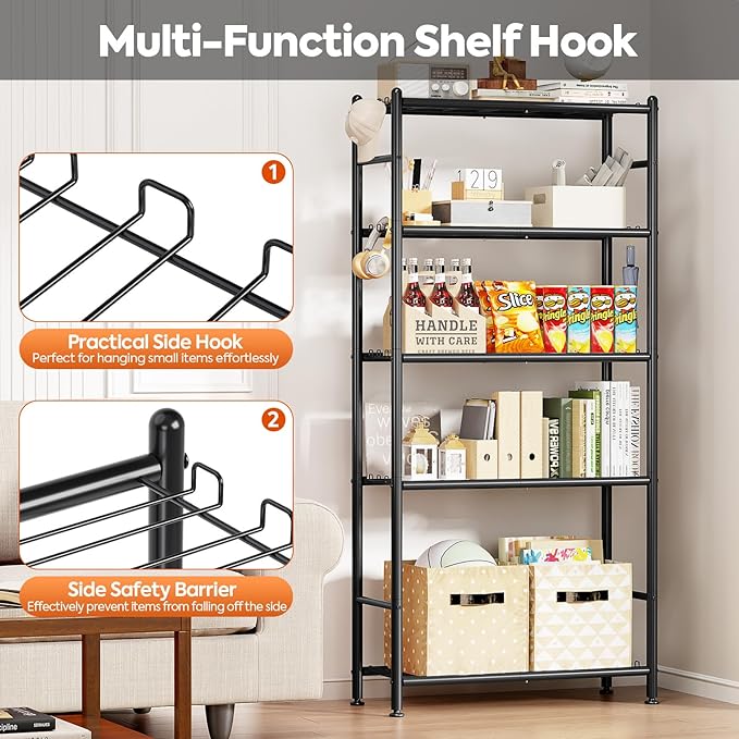 APEXCHASER Metal Shelving, 5-Tier Storage Shelves Large Capacity Steel Wire with Hooks, Adjustable Leveling Feet, Space-Saving Shelf Organizer for Pantry, Laundry, Kitchen (33''Lx12.6''Wx71.5''H)