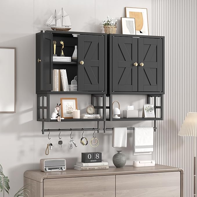 Farmhouse Medicine Cabinet - 3-Tier Wall Mounted Storage Organizer with Adjustable Shelves, Towel Bar, 5 Hooks for Small Bathroom, Laundry Room, Over Toilet, Living Room, Bedroom, Black