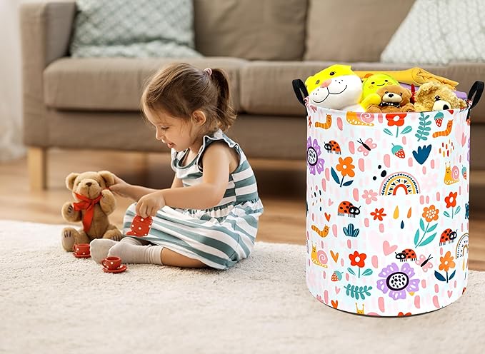 Round Ladybug Pattern Laundry Hamper Storage Basket Fabric Material Storage Hamper Organization Basket, Storage Bin, Gift Box with Handles for Room