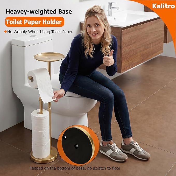 Kalitro Toilet Paper Holder Freestanding with Big Shelf, 4 Rolls Reserve Paper Holder Stand, Modern Paper Roll Holder with Storage Space for Phones (Gold)