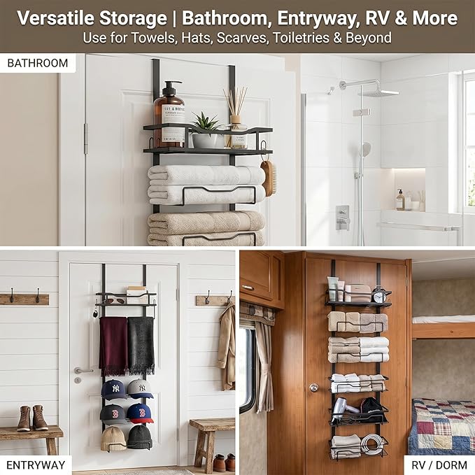 CTESNE【No Drill - 6-Tier】 Towel Racks for Bathroom The Door Bath Towel Storage Organizer for Small Bathrooms - Tiered Back of Door Towel Holder Hanger for Rolled Towels RV Camper(Black)