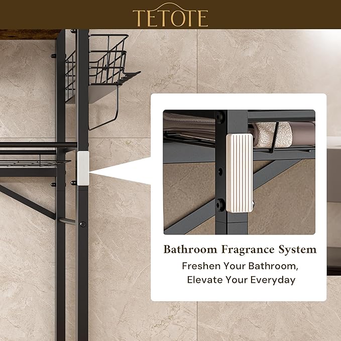 TETOTE Over Toilet Bathroom Organizer, 4-Tier Bathroom Over the Toilet Storage with Adjustable Shelf and Basket, Freestanding Space Saver Bathroom Shelves Above Toilet for Room(Brown)